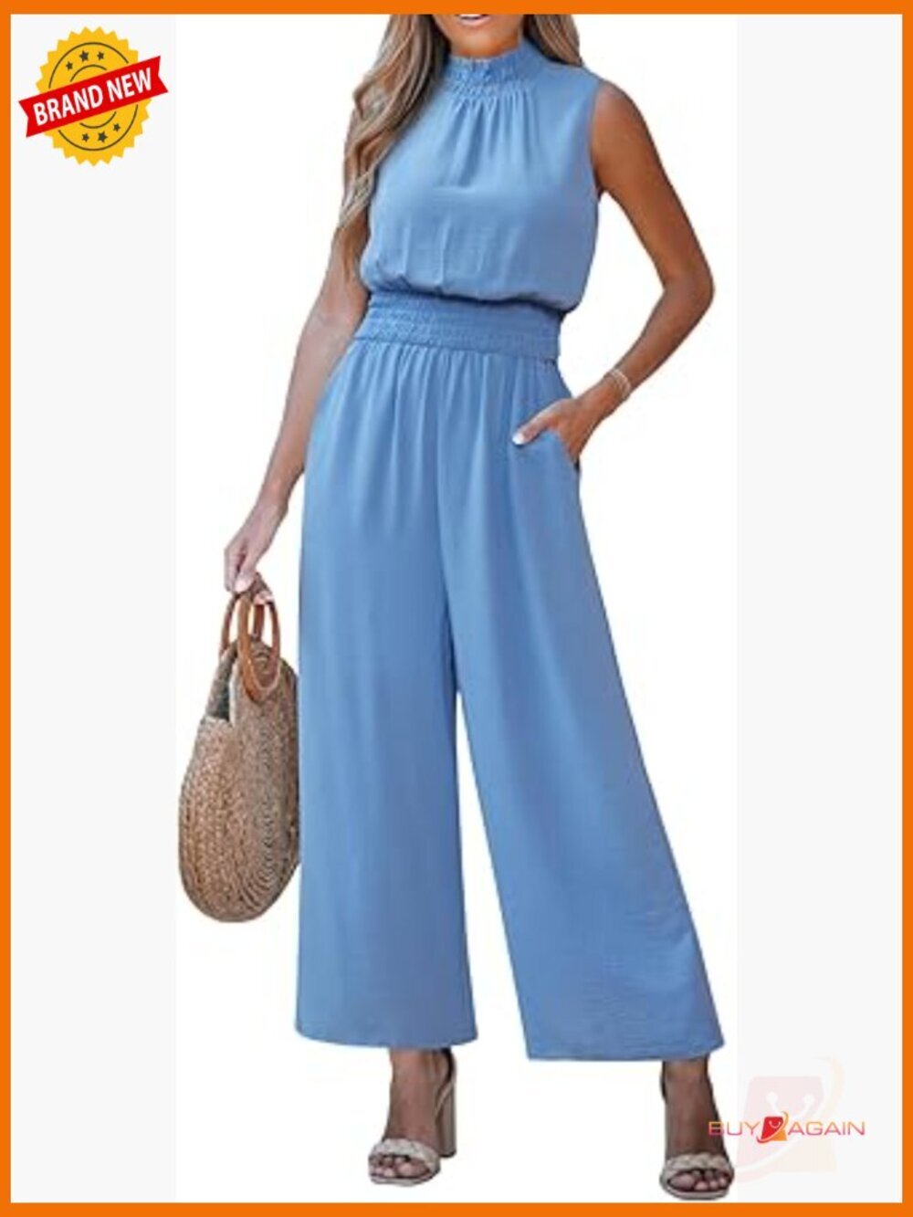 Mock Neck Sleeveless Wide Leg Jumpsuit with Pockets